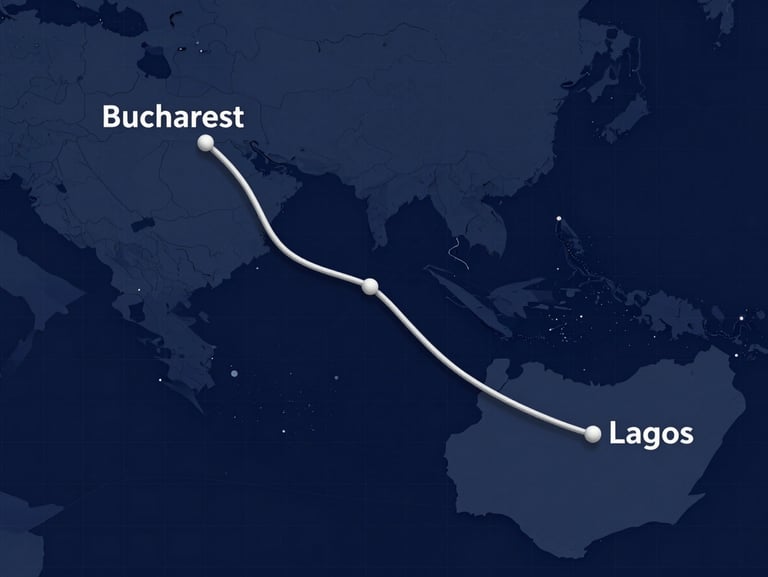 A precise minimalist vector-style route map showing a clean flight path corridor connecting Bucharest, Romania and Lagos, Nigeria over a dark blue background with technical grid lines.