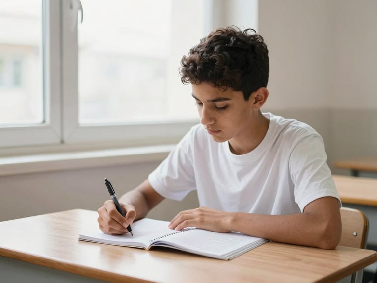 A bright environmental shot of a Moroccan student studying at a clean wooden desk, holding a pen over a notebook, soft natural light from a window, 35mm editorial photography