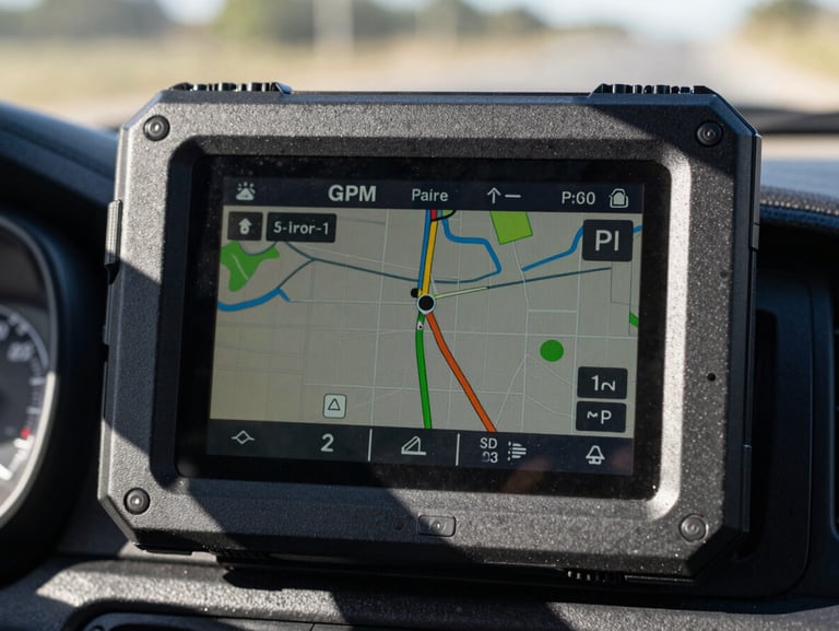Extreme close-up of a ruggedized GPS tracking display mounted on a truck dashboard — an active route map with a live position dot shown on the screen, hard direct daylight cutting through the windshield casting sharp shadows across the device bezel; framing tight on the screen face, route lines clearly visible, no driver face in frame