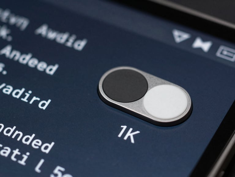 Extreme macro close-up of a high-contrast Android toggle switch and monospaced system typography on a deep slate screen, sharp focus, cool-toned developer studio lighting.