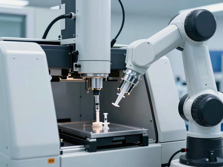Automated optical inspection machine on a medical manufacturing line, cool clinical white lighting, robotic arm handling sterile syringe components.