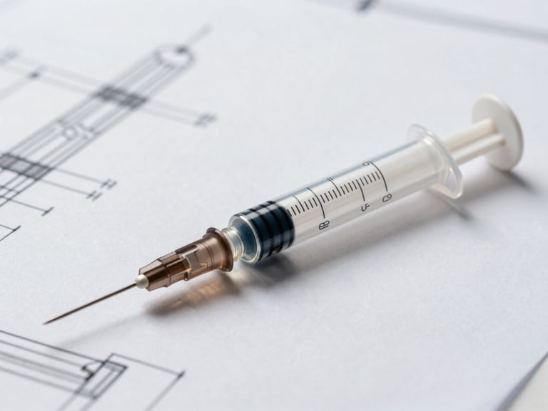 Technical cross-section blueprint diagram of a medical syringe showing needle hub, plunger, and barrel dimensions, clean technical lines