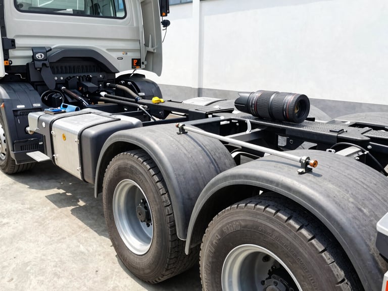 Close-up of a truck chassis being measured with precision tools in a clean Indonesian vehicle workshop, bright natural daylight, clean high-contrast industrial tones, sharp focus, 35mm lens