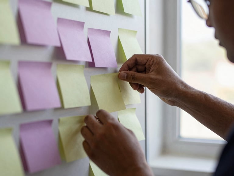 A collaborative workshop setting, close-up of hands placing colorful sticky notes on a board, soft natural window light, muted plum accents, shallow depth of field