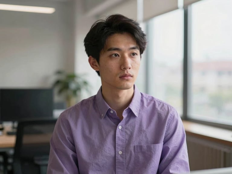 A quiet, thoughtful individual portrait of a business leader in a modern office, soft natural light, warm lilac tones, 35mm