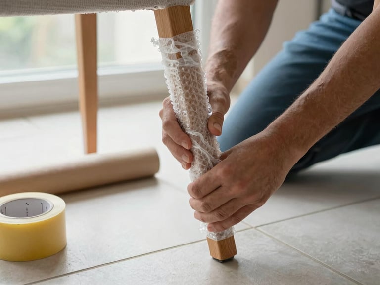 Close-up of trained mover's hands wrapping a wooden chair leg in thick bubble wrap on a tiled floor, packing tape and kraft paper rolls visible nearby, natural window light, clean and methodical