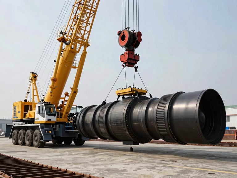 A heavy 200-ton mobile crane securing a massive industrial component on a reinforced concrete slab.
