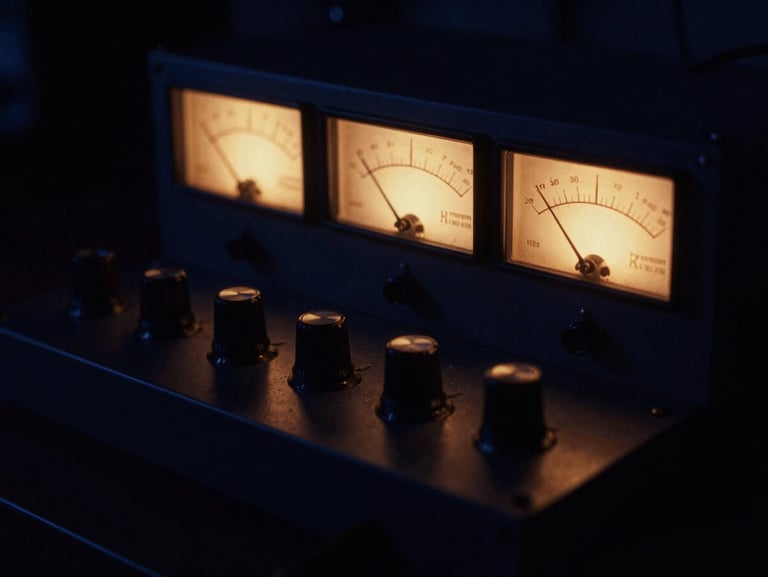 Close-up of a vintage tube compressor glowing in a dark studio, warm amber light radiating from VU meters, deep indigo shadows