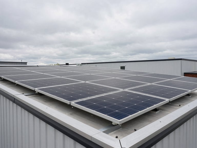 Close-up of a completed rooftop solar array on a Canadian commercial building, overcast diffused daylight, aluminium rail mounts and panel edges sharp in frame, no sky above panel line, documentary framing
