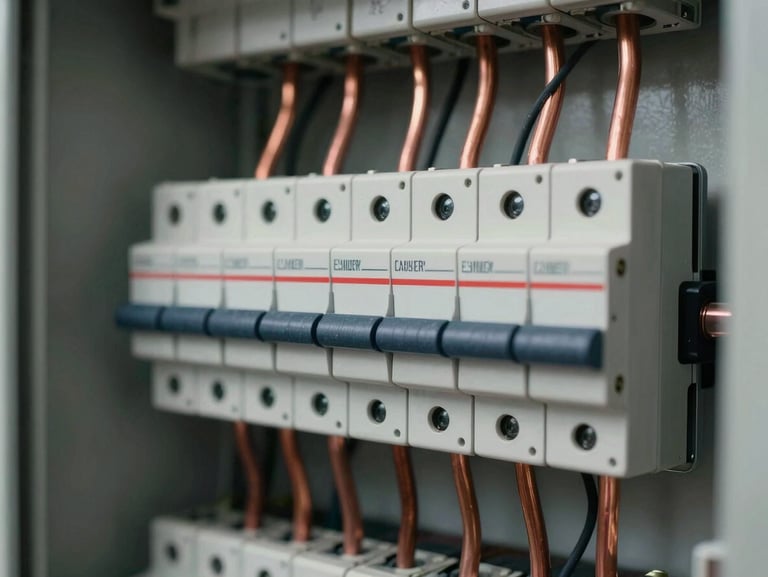 Extreme close-up of a residential electrical panel interior, copper bus bars and circuit breakers in focus, overcast ambient light from a nearby window, no faces, documentary framing showing neat wiring runs