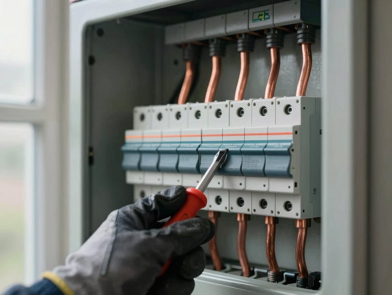 Close-up of an open residential electrical panel, copper bus bars and circuit breakers in tight rows, a gloved hand holding a torque screwdriver against a lug, overcast window light from the left, no faces visible