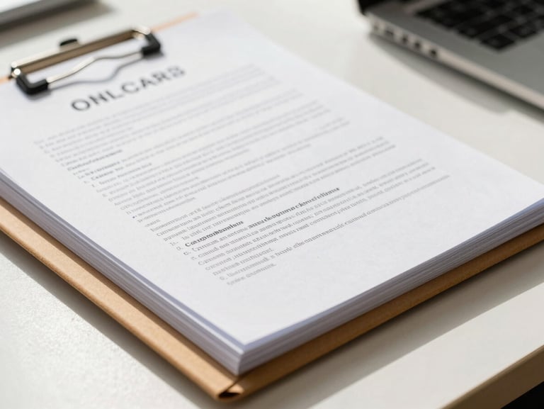 Close-up of professional onboarding folders and compliance documents on a clean desk, daylight, sharp focus on paper textures.