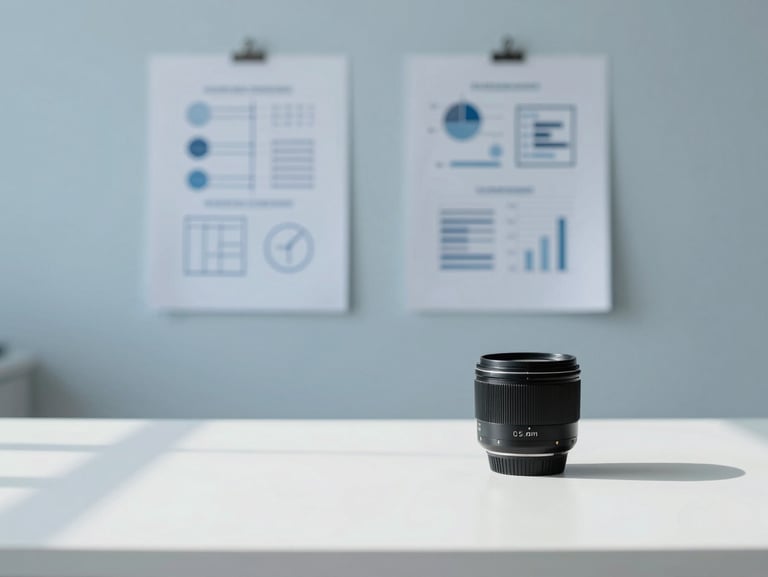 Minimalist workspace with physical charts, clean desk, soft natural daylight, 35mm lens