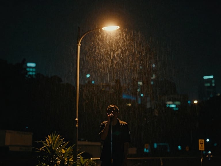 Cinematic anamorphic film frame of a lone singer under a single warm street lamp at night, heavy grain, deep shadows, Jakarta city rain haze
