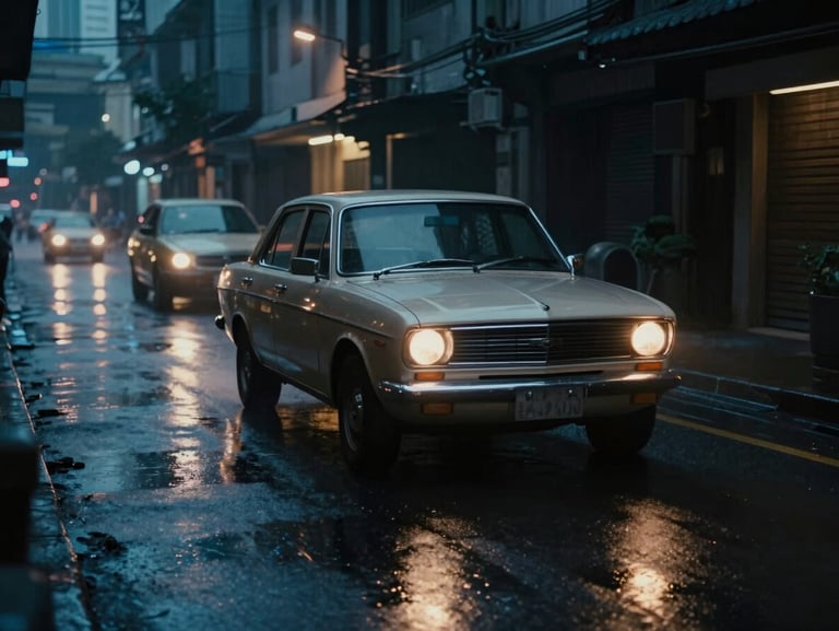 Cinematic film still of a retro car driving through a neon-lit Jakarta alleyway, reflections on wet asphalt, low-key blue and amber lighting