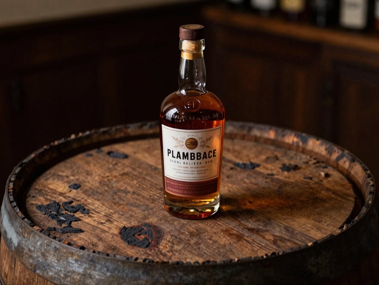 A single bottle of small-batch bourbon sitting on a charred oak barrel stave, warm side lighting, shallow depth of field
