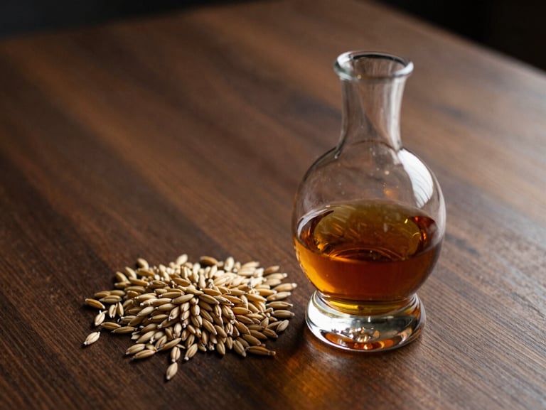 A crystal decanter of dark rye whiskey next to fresh grain on a dark wood table, warm amber tones