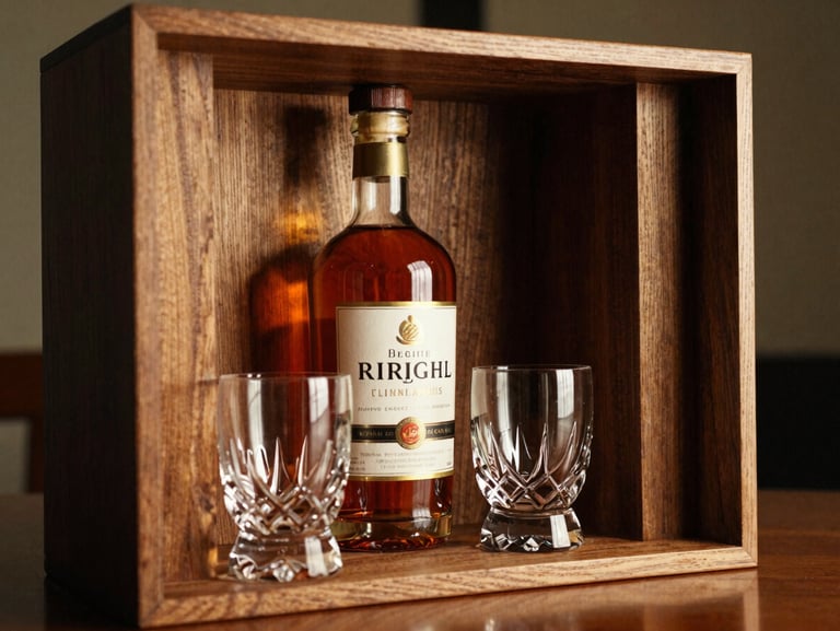 An elegant wooden presentation box holding a bottle of bourbon and two crystal tasting glasses, soft lighting