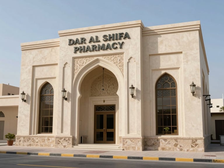 Exterior shot of the Dar Al Shifa Pharmacy Building on Zayed 2nd Street in Abu Dhabi, bright daylight, clear architectural details