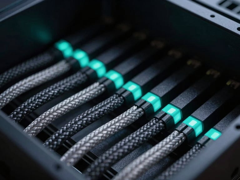 Moody macro product photography of neatly routed braided power cables inside a dark PC chassis, clean parallel lines, low-key metallic textures, sharp neon-cyan accent light, shallow depth of field, 50mm.