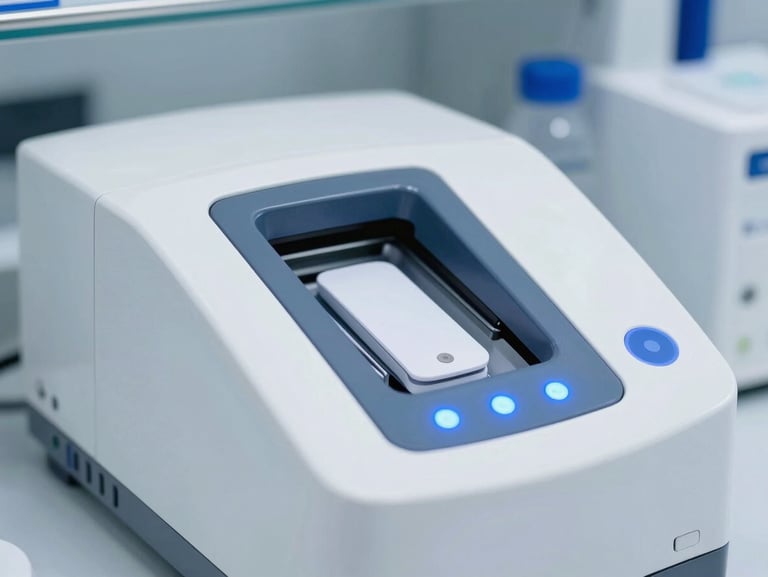 High-tech real-time PCR thermal cycler in a sterile clinical laboratory, bright cool blue indicator lights, clean metallic surfaces, macro focus.