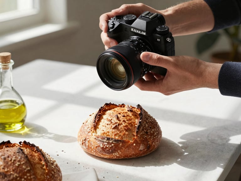 Hands holding a professional camera over a beautifully styled table featuring freshly baked sourdough and olive oil, soft window light, natural shadows.