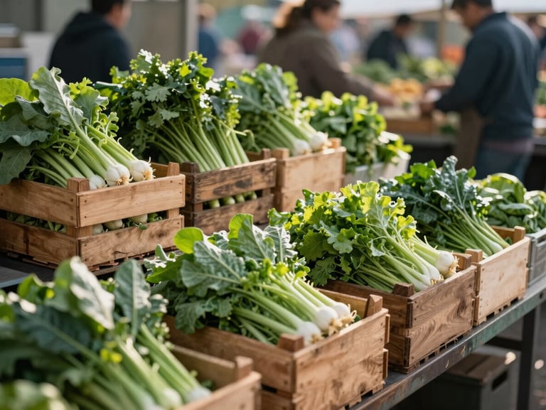 Atmospheric environmental shot of a bustling open-air farmers market stand, wooden crates filled with fresh greens, soft morning light.