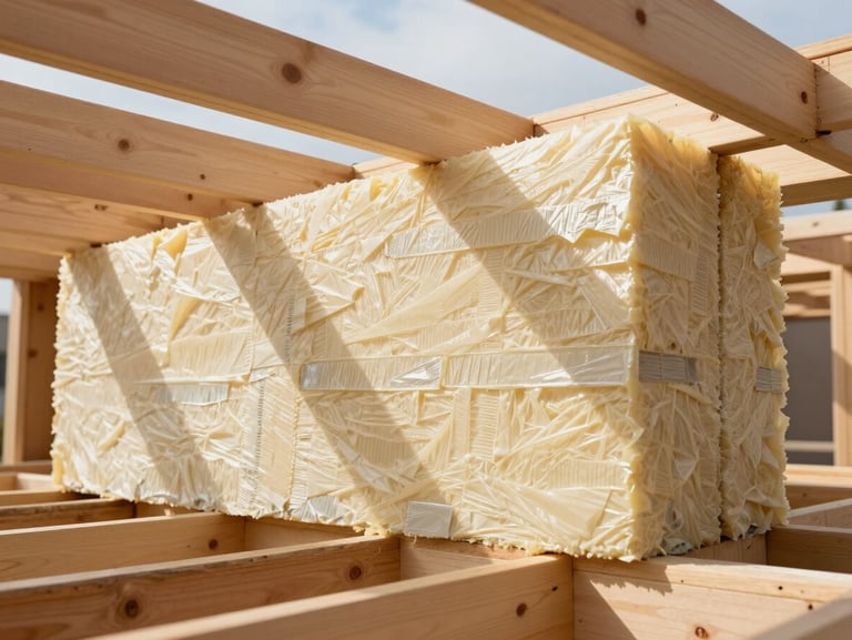Architectural cross-section view of thick premium insulation layers inside a wooden roof structure, clean lines, bright daylight