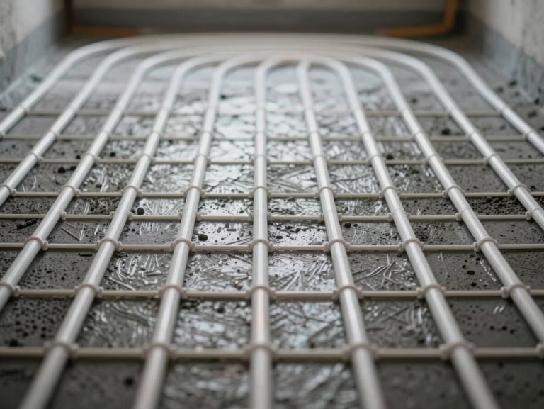 Close-up of clean underfloor heating pipe grid laid out symmetrically on a dark subfloor before concrete pouring, crisp natural side light