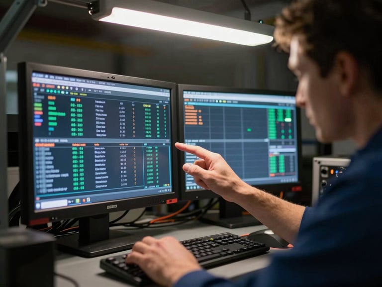 Close-up of mechanics analyzing glowing telemetry screens in a dark pit garage, harsh overhead lighting highlighting technical data.