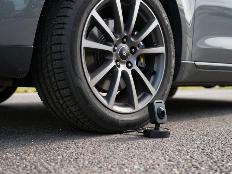 Low-angle shot of a professional tyre testing setup, showing a high-performance vehicle wheel fitted with telemetry sensors on a hot asphalt surface.