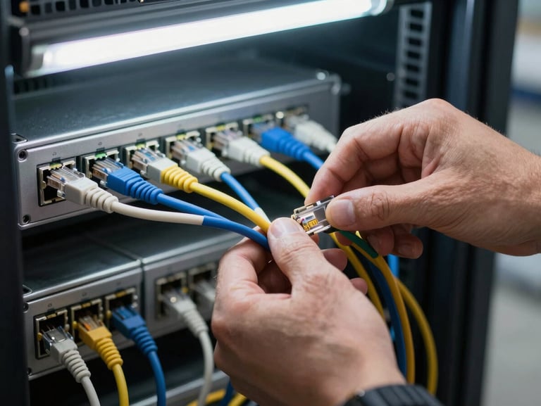Close-up of hands routing a bundle of ethernet cables through a server rack, patch panel visible in background, fluorescent shop light from above, concrete floor glimpsed below, no faces