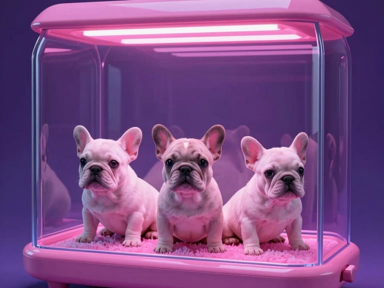 High-contrast studio shot of a medical-grade canine incubator, glowing purple and pink LED monitors displaying vital statistics, sterile stainless steel surfaces, dark background.
