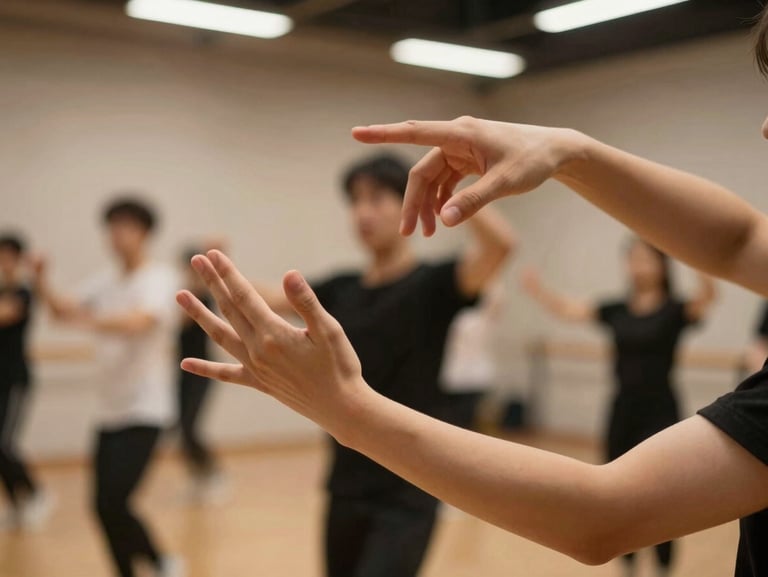 Close-up of hands gesturing during a dance instruction class, warm studio light, energetic atmosphere