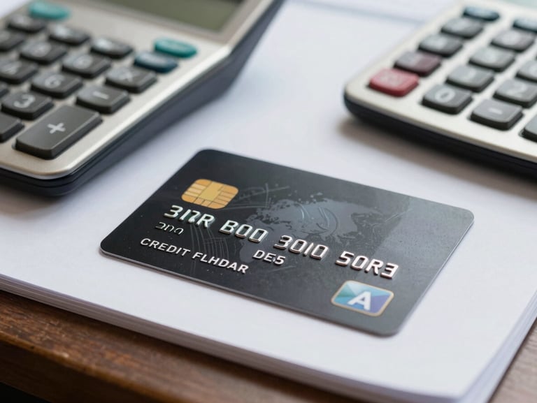 A close-up of a physical black business credit card resting on a clean slate desk next to a steel calculator, bright natural daylight