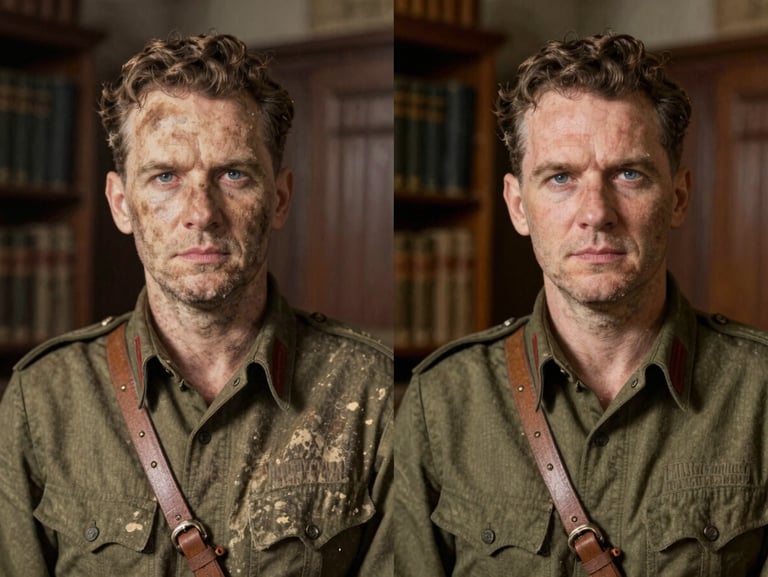 A split-screen comparison of a water-damaged 1940s military portrait: the left side shows heavy staining and fading, the right side shows crisp details and restored contrast, warm library lighting.