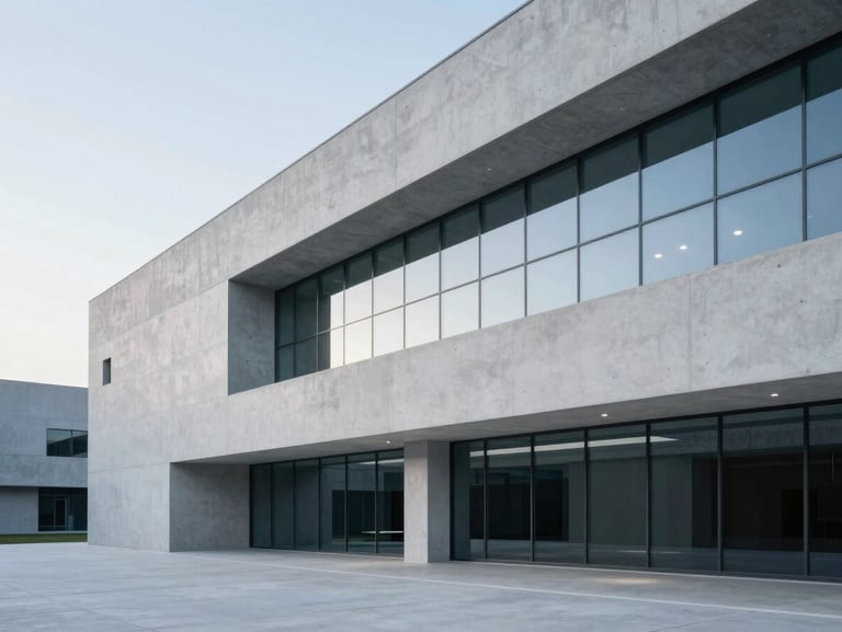 Minimalist geometric concrete and glass architecture, clean lines, stark white key lights, cool blue ambient glow.