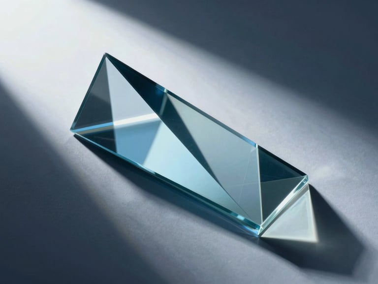 Abstract light refraction through geometric glass prisms, cool blue tones, stark white key light, clean minimalist composition.