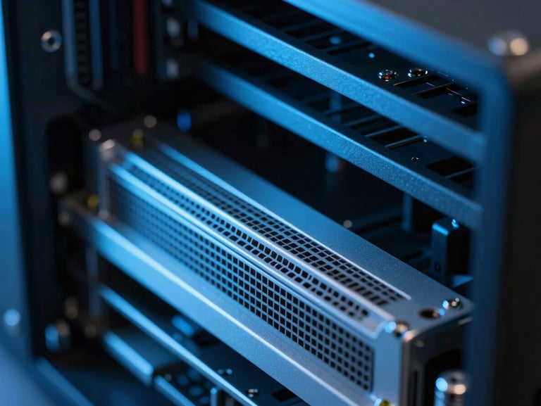 Macro shot of server components under cool diffused blue backlighting, sharp high-contrast shadows, technical precision.
