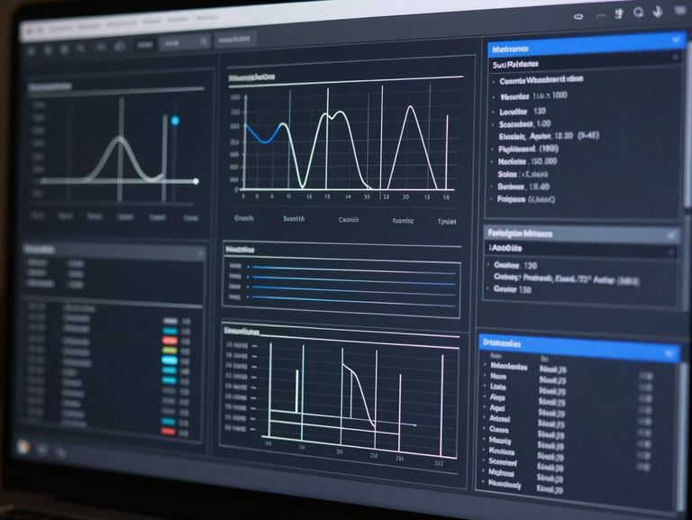 High-fidelity UI wireframe displaying complex data visualization, crisp white lines on deep slate background, blue accent light.