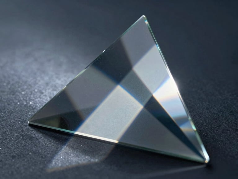 Abstract light refraction through a glass prism, sharp geometric lines, cool blue and slate gray tones, high-contrast shadows.
