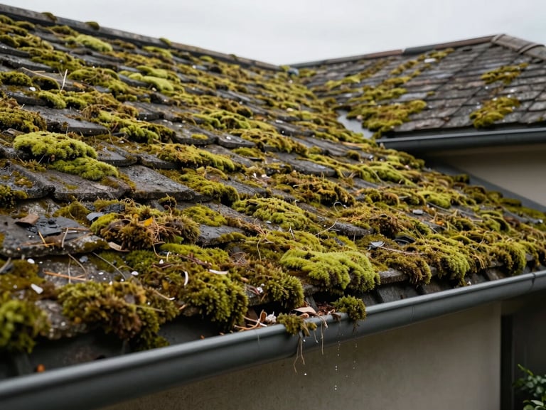 Residential roof surface with thick green moss growth and accumulated debris in gutter channel, wide-angle ground-level shot showing roof pitch and overhang, overcast natural daylight