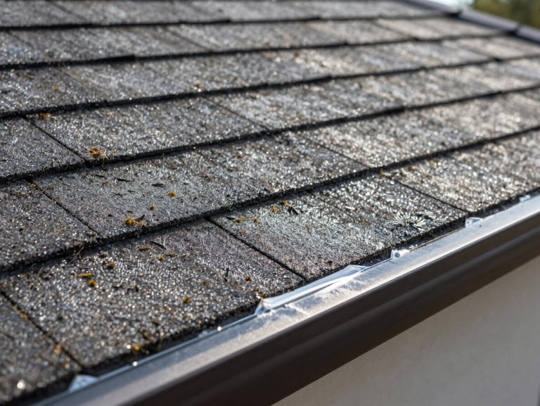 Close-up of clean residential roof shingles after treatment, surface dry and free of moss or debris, flashing edge clearly visible and intact, bright natural daylight showing texture, no people