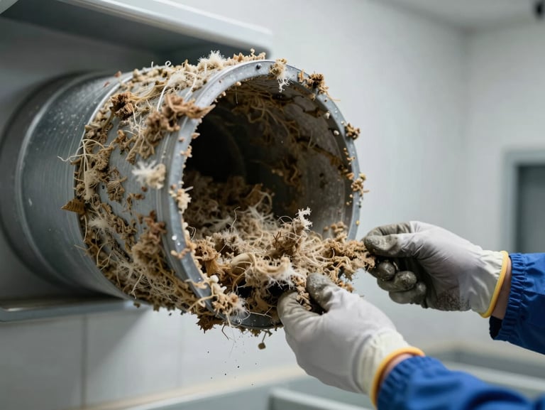 Dryer vent duct cross-section packed tightly with compacted lint and fibrous debris, technician's gloved hand pulling material free under bright indoor work lighting, laundry room wall visible in background