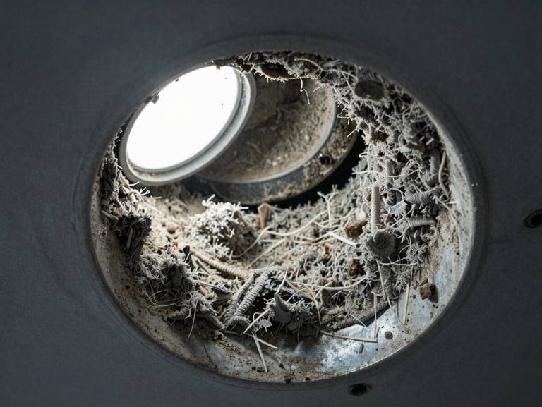 Close-up of a residential air duct interior showing accumulated dust, debris, and grey lint coating the metal walls, bright work light illuminating the blockage, shot from duct opening looking inward