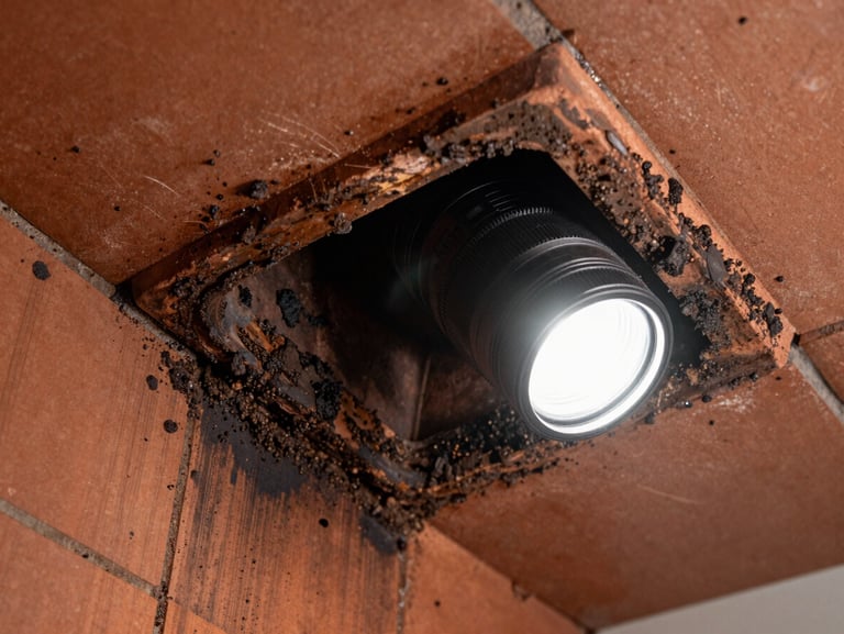 Interior chimney flue viewed from below showing thick dark creosote deposits coating the terra cotta flue tiles, bright inspection light revealing the buildup in sharp detail, no faces visible