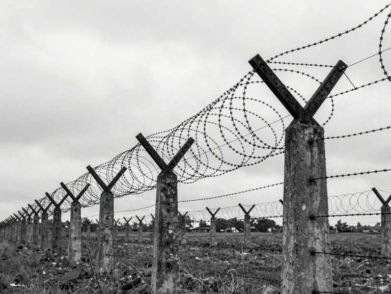 Harsh overcast daylight on the rusted barbed wire and concrete pillars of a historical camp, wide environmental framing, stark black and white.