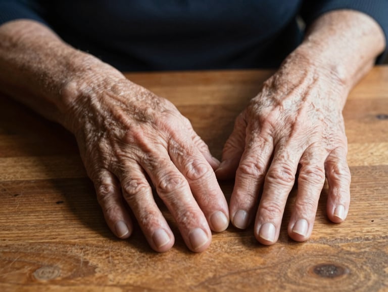 Tight, uncompromising close-up of an elderly woman's hands resting on a wooden table, deep shadows, natural directional light, high contrast.