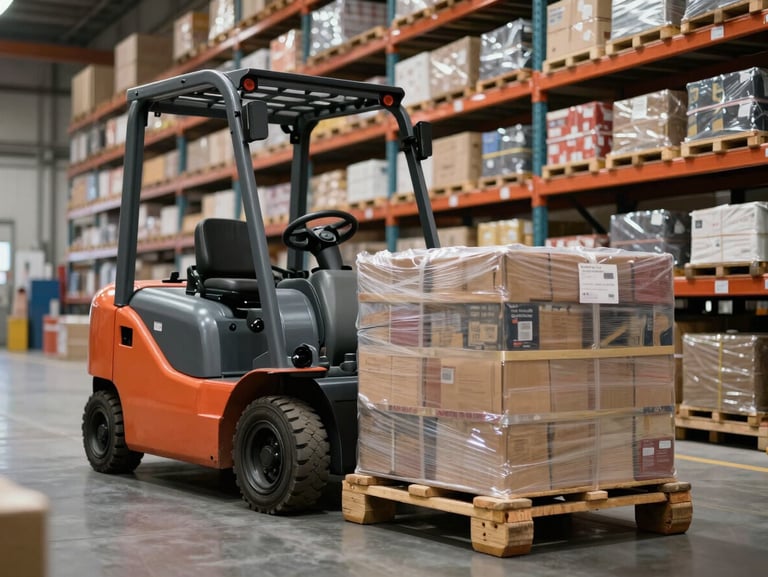Dettaglio ravvicinato di un transpallet elettrico che movimenta pedane di merci imballate all'interno di un magazzino industriale ordinato, scaffalature metalliche sullo sfondo, luce tecnica neutra.