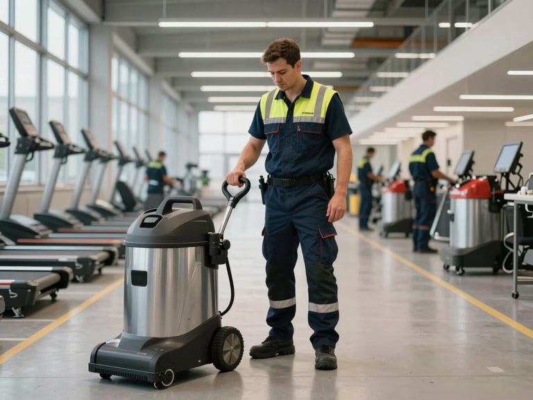 Inquadratura grandangolare di un operatore industriale in divisa tecnica ad alta visibilità mentre utilizza una lavasciuga pavimenti professionale in un corridoio logistico moderno e luminoso, luce diurna naturale.
